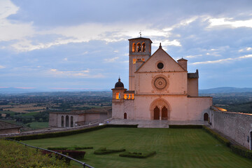 Basilica di San Francesco, Assisi, Italy, at sunset.