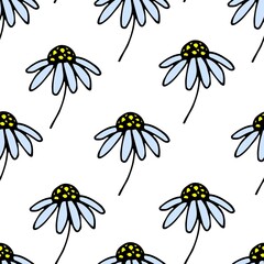 Hand-drawn simple floral vector seamless pattern. Chamomile flowers on a white background. For prints of fabric, packaging, paper, clothing, bed linen, textile products.