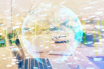 Fototapeta premium Multi exposure of business theme icons and work space with computer background. Concept of success.
