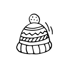 Hat with pompom. Headdress. Vector hand-drawn doodle illustration. Black and white outline.