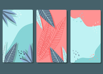 vector illustration - three backgrounds for instagram stories, advertising flyers, greeting cards with tropical leaves and dots in dove and pink colors
