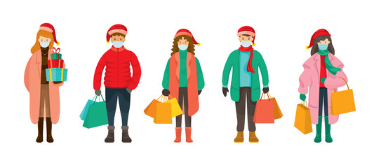 Fototapeta na wymiar People in Winter Clothes wearing Face Mask, Christmas Shopping Concept