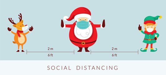 Santa Claus and Friends Social Distancing Concept, Prevention of Coronavirus Covid-19