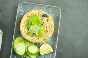 Fried rice with pork, vegetables and eggs. Thai cuisine