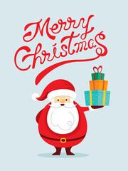Fototapeta na wymiar Santa Claus Characters holding Gift Box with Lettering, Merry Christmas and Happy New Year