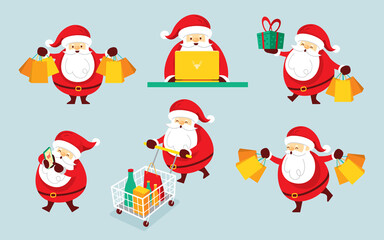 Santa Claus Characters Set, Shopping Concept, Merry Christmas and Happy New Year
