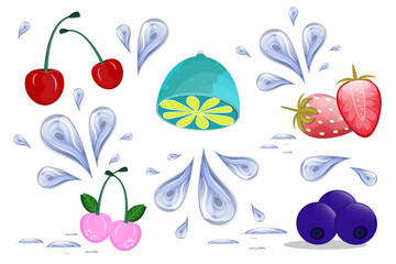 Set of fruits with water drops. Fresh fruits and berries for vegans and healthy eating. Vector illustration..