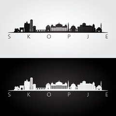 Skopje skyline and landmarks silhouette, black and white design, vector illustration. - obrazy, fototapety, plakaty