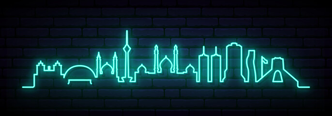 Blue neon skyline of Tehran. Bright Tehran City long banner. Vector illustration.