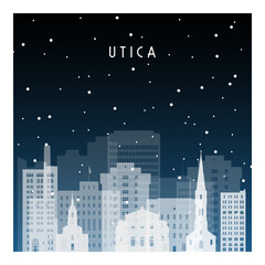 Winter night in Utica. Night city in flat style for banner, poster, illustration, background.