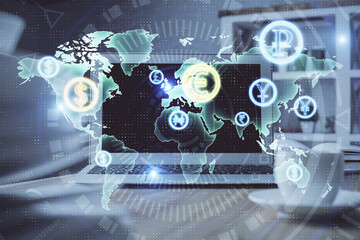 Financial chart drawing and table with computer on background. Multi exposure. Concept of...