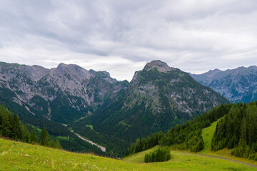 Obraz premium Beautiful alpine far view of the Achensee at the famous Rofan summit, Maurach, Achensee, Pertisau, Tyrol, Austria