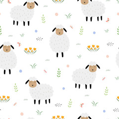 Seamless pattern Cartoon animal background with sheep on flower field Hand drawn design in childrens style used for pattern fabric, textile, wallpaper. Vector illustration