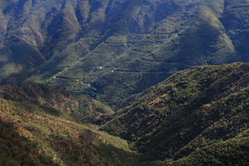 The D986 hairpin road connecting Valleraugue to Espérou as seen from the Hort de Dieu on the southern flank of Mont Aigoual (Gard, Occitanie, France)