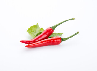 Two red chili pepper with leaves on white background