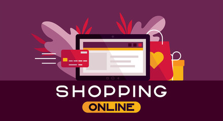 Naklejka premium Banner shopping online. Shopping through the Internet. Bank card, tablet, purchases, gifts.