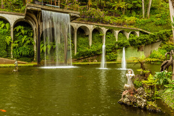 A view of the fountains in the tropical garden above the city of Funchal Madeira