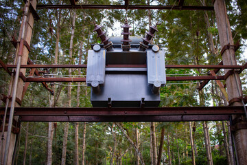 View of electrical transformer in a hill station, India