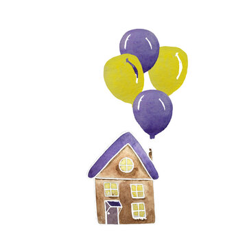 House flying on balloons cartoon style, illustration watercolor