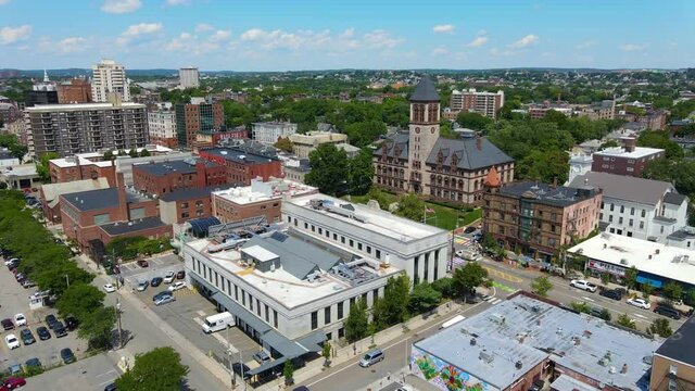 Cambridge City Hall aerial view on Massachusetts Avenue in downtown Cambridge, Massachusetts MA, USA.