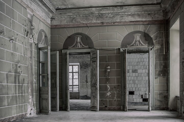 An ancient hall with wooden doors in an abandoned manor house. Windows and dark atmosphere. Light...