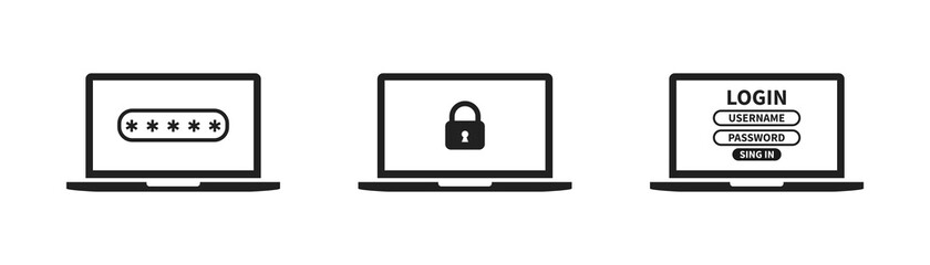 Laptop with password icon. Flat computer with lock . Login and password on page laptop screen .Padlock,illustration on white background.