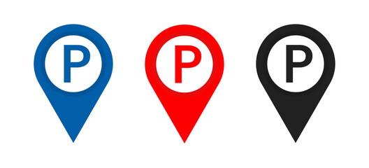 Parking sign icon . Set of Map parking pointer . Illustration on white background . Parking place or zone . GPS pins .