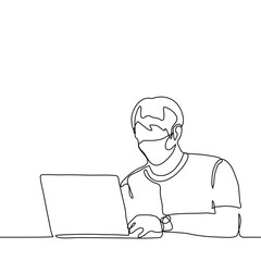 man in a medical mask and a home T-shirt is typing on a laptop. one line drawing concept freelancer (programmer, designer, copywriter) or student  at work at laptop