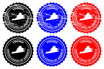 Virginia - rubber stamp - vector, Virginia (United States of America) map pattern - sticker - black, blue and red 