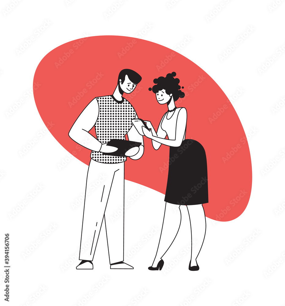 Aufkleber man and woman discuss work with gadgets. cartoon people talking and holding smart devices. teamwork 