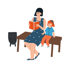 Mother and daughter reading book. Cartoon people sitting on bench in park. Adults teach children. Fairy Tale or developing literature. Rest outdoor and leisure pastime. Vector motherhood illustration