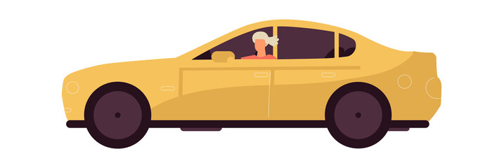 Woman rides car. Modern yellow transport. Cartoon young female driving vehicle. Isolated personal auto for moving around city or traveling by automobile. Vector urban transportation illustration