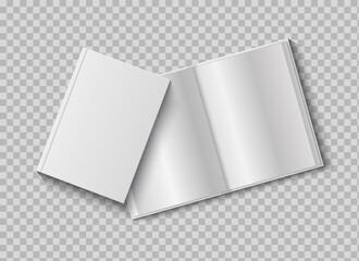 Two realistic books with blank hard cover. 3d mock up open and closed diary on transparent background, presentation and advertising empty paper white sheets template vector isolated illustration
