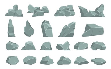 Cartoon stones. Heavy gray boulder. Rough solid natural material. Single or compositions of cobbles. Isolated debris or garden decoration. Geological research. Vector pieces of mountains flat set