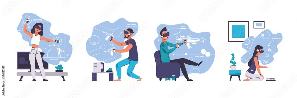 Poster virtual reality. cartoon young men and women wearing smart goggles and playing in games with augment