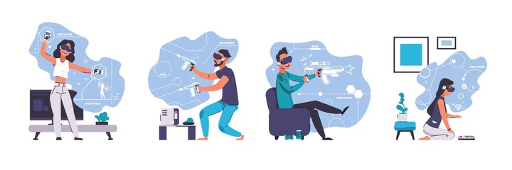 Virtual reality. Cartoon young men and women wearing smart goggles and playing in games with augmented VR. Cyber entertainment technologies isolated concept. Vector digital visual simulation set
