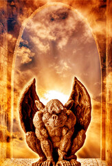 gargoyle with magic gate and magical mysterious sky like magic and fairy-tale and mythic creature...