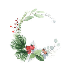 Christmas watercolor floral frame with winter branches and berries. Holiday wreath, illustration for your design isolated on white background.