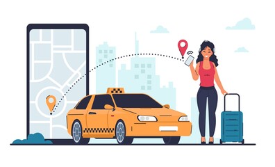 Taxi order. Vehicle rent and car sharing, cab service concept. Cartoon woman calls taxicab through mobile application. City landscape, map at phone screen. Yellow auto and vector female with luggage