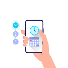 calendar and clock on smartphone screen, planning, schedule and reminder app, set the date and time on mobile phone device concept illustration flat design vector eps10