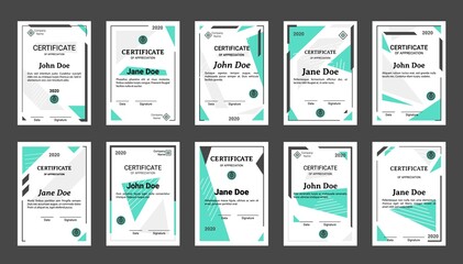 Diploma. Realistic graduation certificate and professional achievement document with decorative borders. Appreciation letter design with place for name, date and signature, corporate logo, vector set