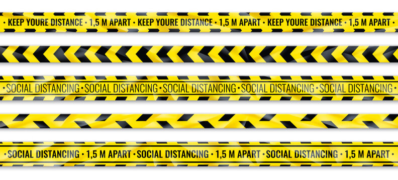 Distance Warning Tape. Social Distancing Yellow And Black Seamless Ribbon. Floor Markers For Shops And Public Areas. Attention Stickers For Restrictions Place Of Accident. Vector Pandemic Safety Set