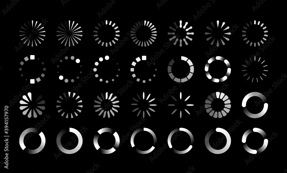 Poster Round progress bars. Countdown circle icon, round upload, reboot and loading symbols. Collection of buffering and data transfer process signs. White web marks on black background, vector download set