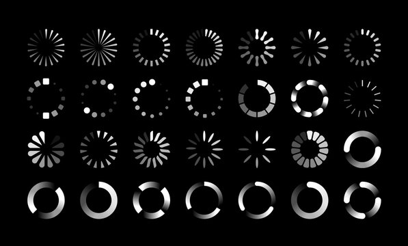 Round progress bars. Countdown circle icon, round upload, reboot and loading symbols. Collection of buffering and data transfer process signs. White web marks on black background, vector download set