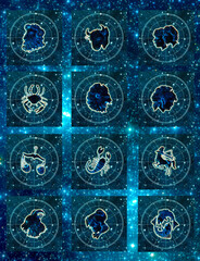 tvelve zodiac signs with symbols in horoscope with stars like astrology background  Aries, Taurus, Gemini, Cancer, Lion, Leo, Virgi, Libra, Scorpion, Scorpio, Sagittarius, Capricorn, Aquarius, Pisces