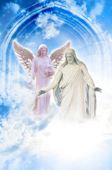 angel archangel in divine Heaven gate with Light and mystic sky like peace, love, protection and...