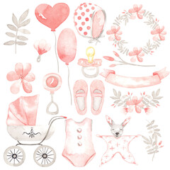 Cute watercolor set for a girl. Perfect for printing, web, textile design, greeting scrapbook paper, souvenirs and other creative ideas.