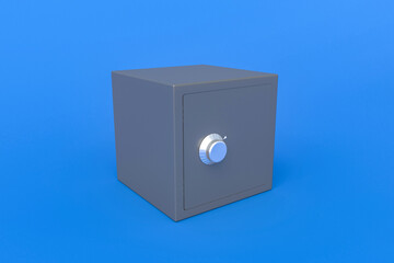 Close black metal safe for cash or documents on blue background. Save money and investments. Bank loan or deposit. 3d rendering