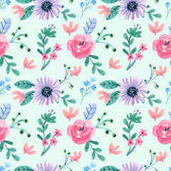 Obraz premium Seamless Watercolor Pattern with Pink and Purple Flowers and Leaf