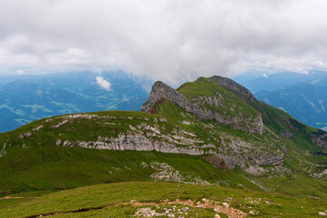 Fototapeta premium summer mountains green grass and blue sky landscape near achensee in austria, europe alps in cloudy day